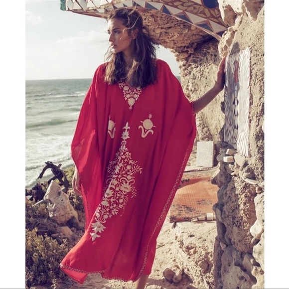 Boho Indie Embroidered Cotton Kimono Kaftan Maxi, Bohemian Embroidered Dress - Picture 3 of 7